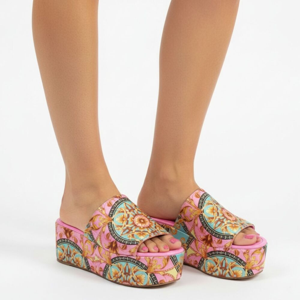 Liliana Pink & Gold Print Platform Slide Sandal Shoes 10